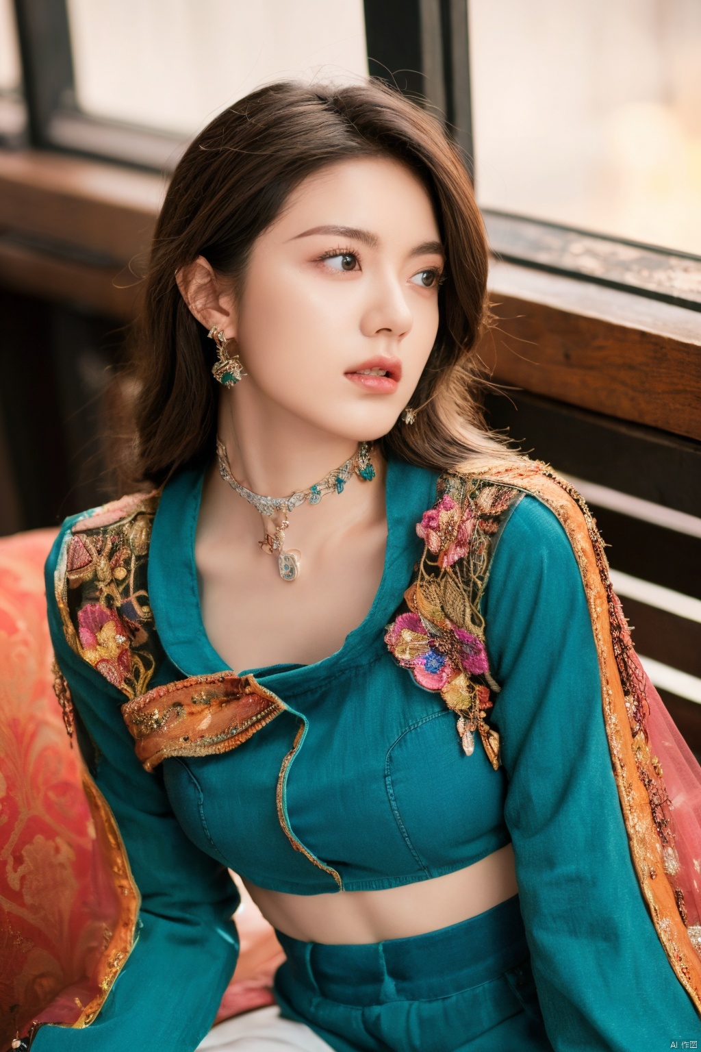  Surrealist beauty photo, a beautiful woman wearing complex and detailed colored clothes and future jewelry, low cut.