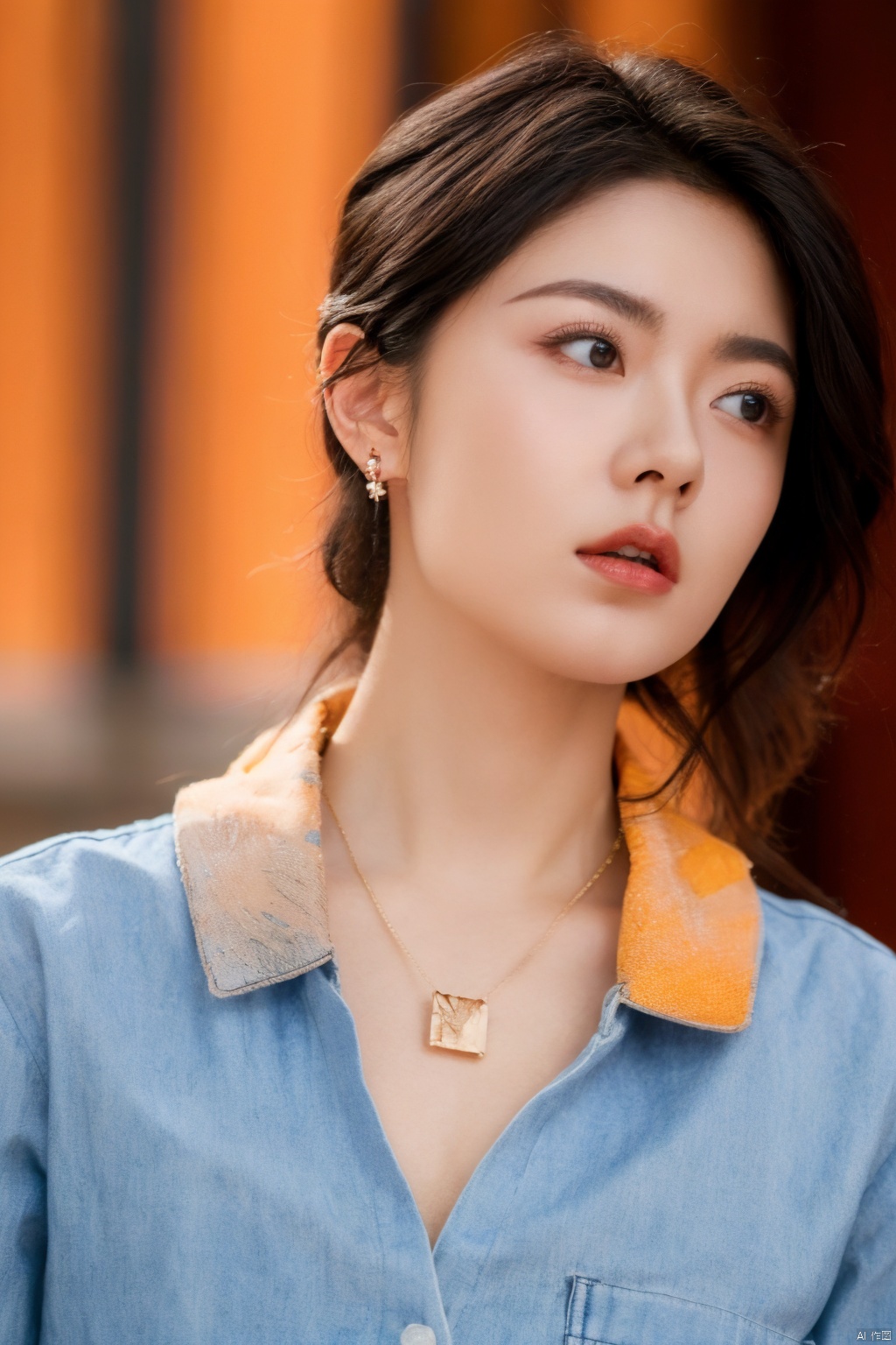 Surrealist beauty photo, a beautiful woman wearing complex and detailed colored clothes and future jewelry, low cut.