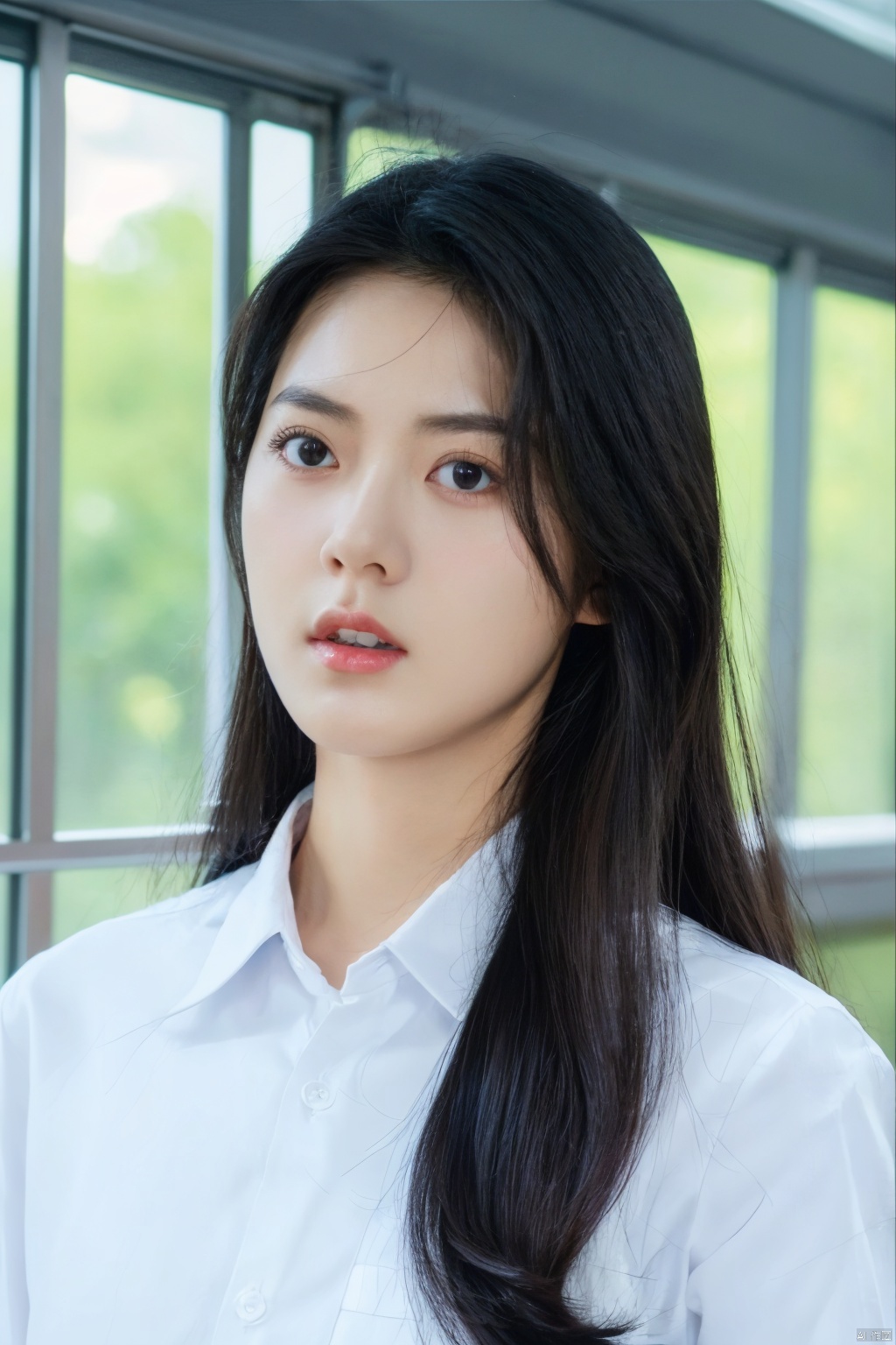  1girl, solo, long hair, looking at viewer, shirt, black hair, closed mouth, white shirt, upper body, indoors, black eyes, lips, window, watermark, realistic, nose