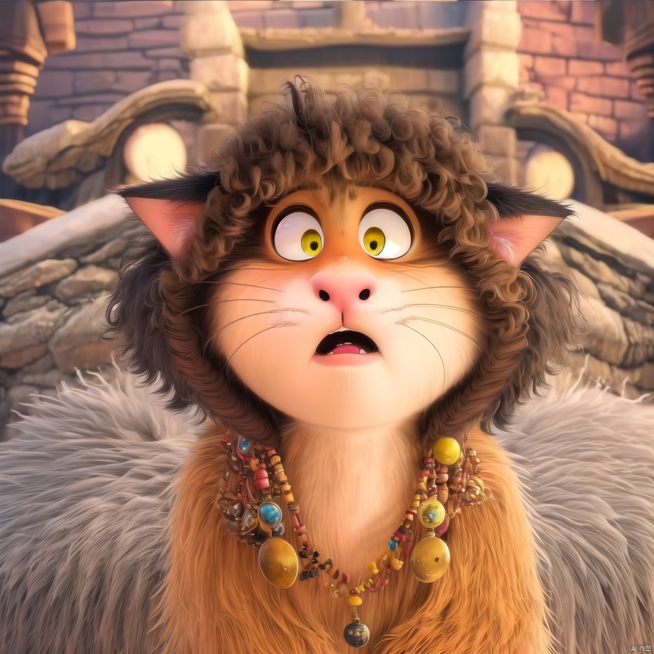 Cat head, furry, cute, big eyes, surprised, depth of field, Disney style, animation