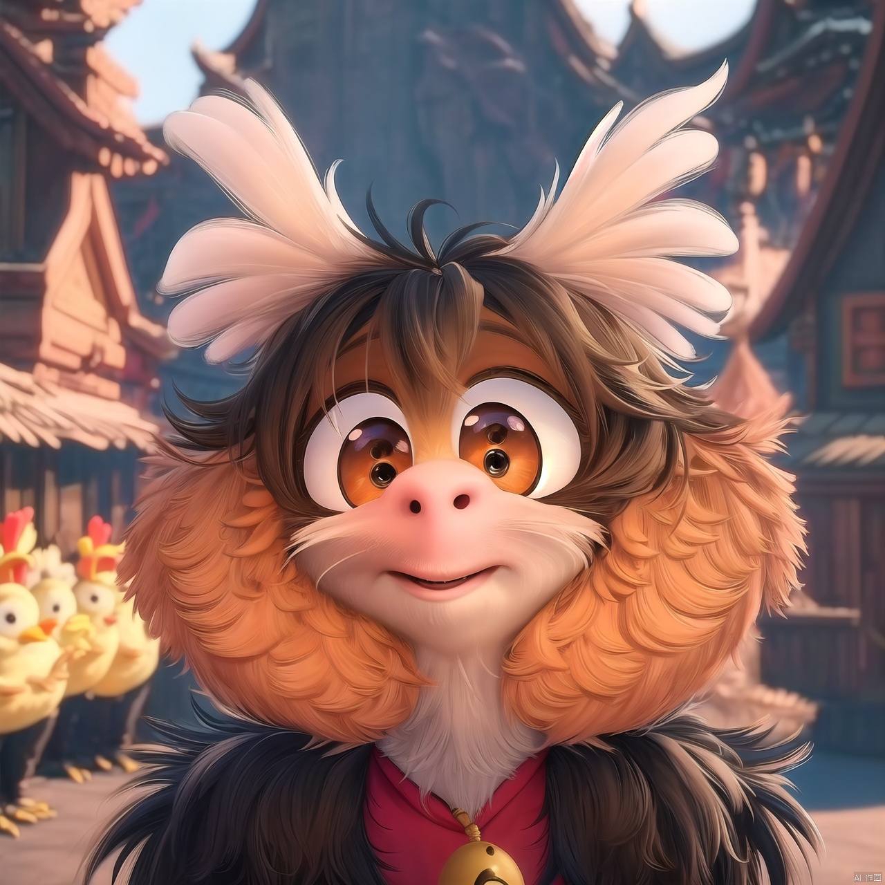Chicken head, furry, cute, big eyes, surprised, depth of field, Disney style, animation