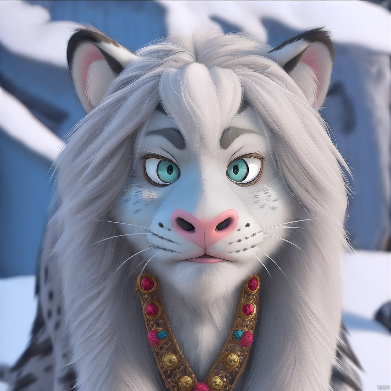  Snow leopard head, furry, cute, big eyes, surprising, depth of field, Disney style, animation