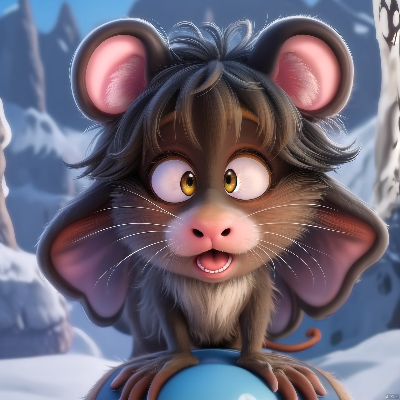 Mouse head, furry, cute, big eyes, surprised, depth of field, Disney style, animation