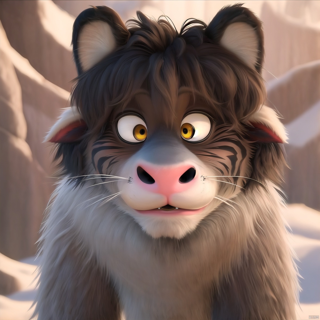 Tiger head, furry, cute, big eyes, surprising, depth of field, Disney style, animation