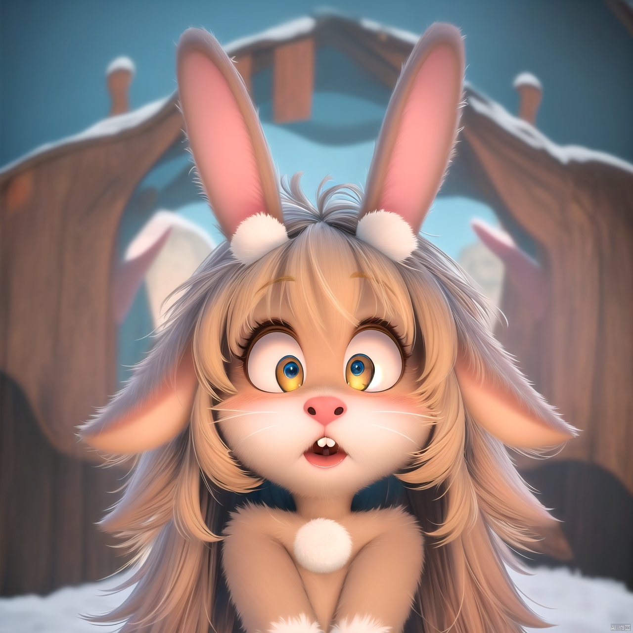  Bunny head, furry, cute, big eyes, surprised, depth of field, Disney style, animation