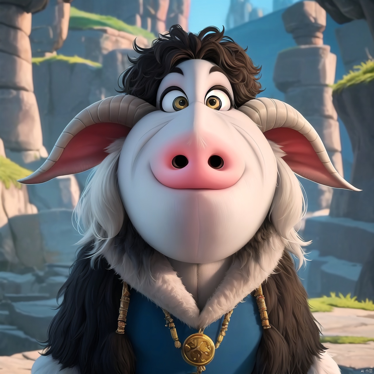 Sheephead, furry, cute, big eyes, surprised, depth of field, Disney style, animation