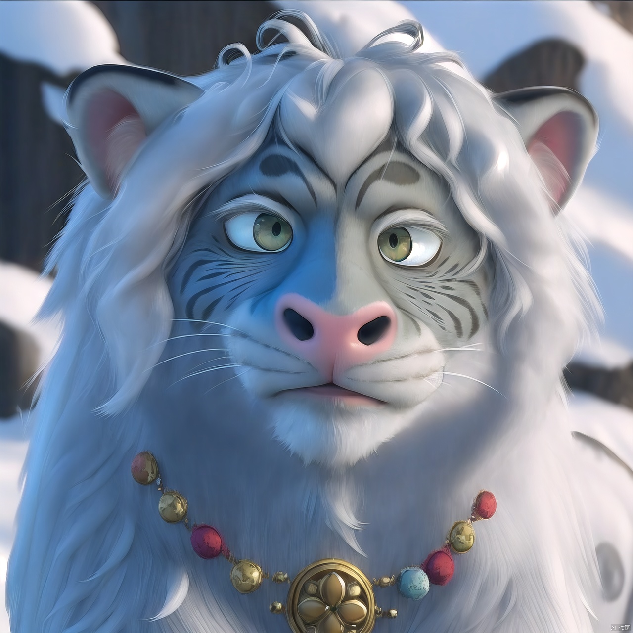 Snow leopard head, furry, cute, big eyes, surprising, depth of field, Disney style, animation
