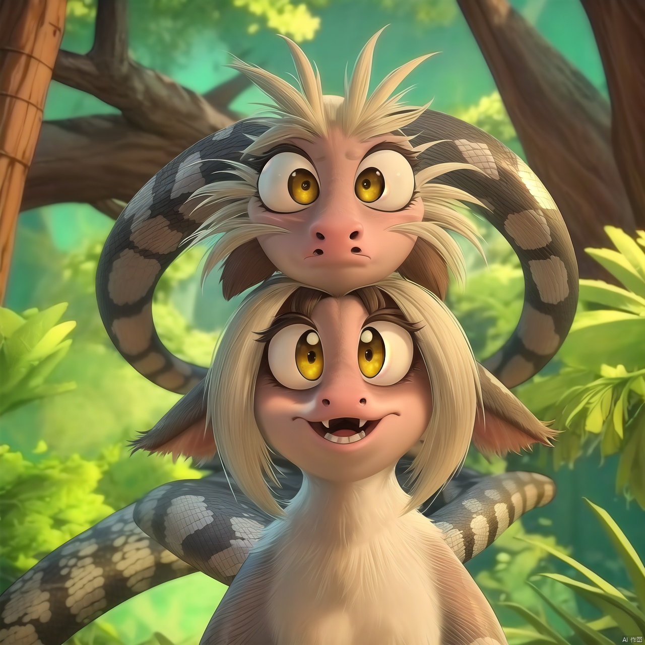 Snake head, furry, cute, big eyes, surprising, depth of field, Disney style, animation