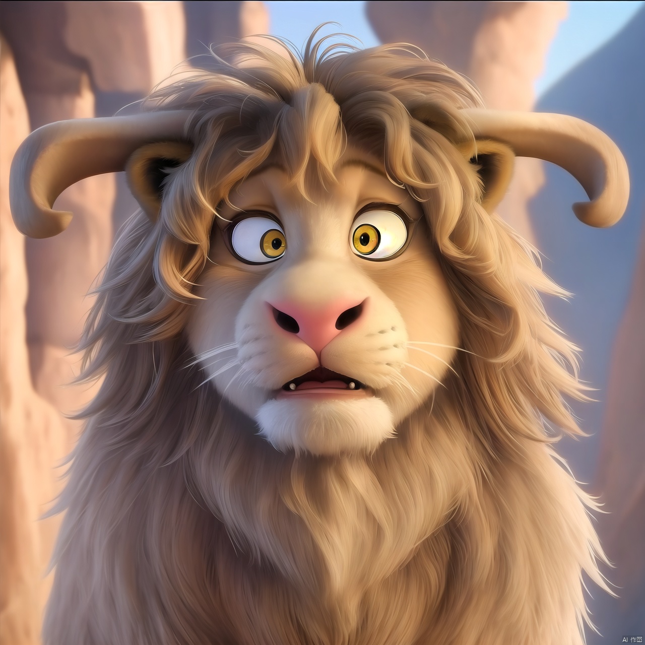 Lion head, furry, cute, big eyes, surprised, depth of field, Disney style, animation