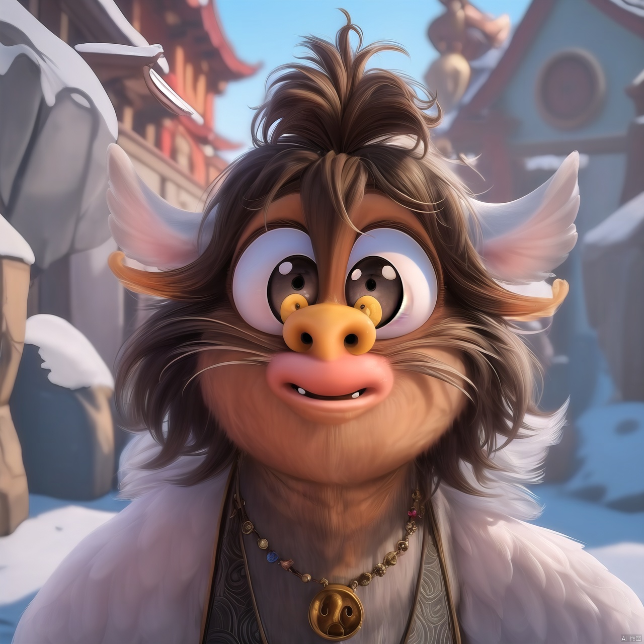Chicken head, furry, cute, big eyes, surprised, depth of field, Disney style, animation