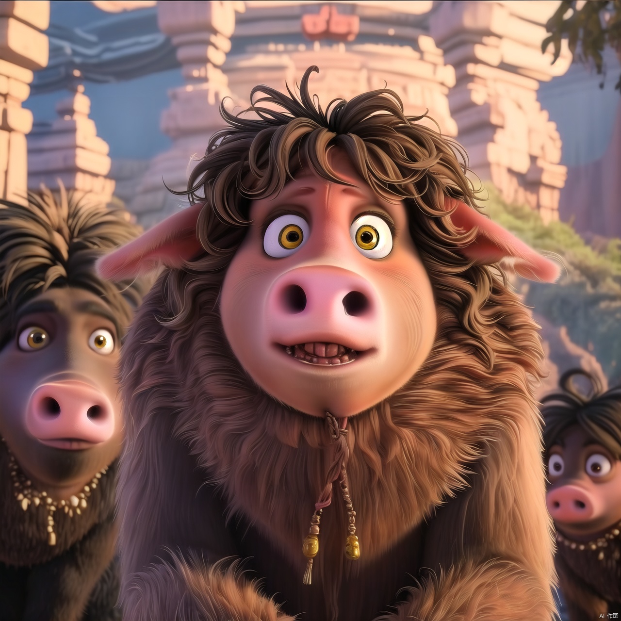 Pig head, furry, cute, big eyes, surprised, depth of field, Disney style, animation