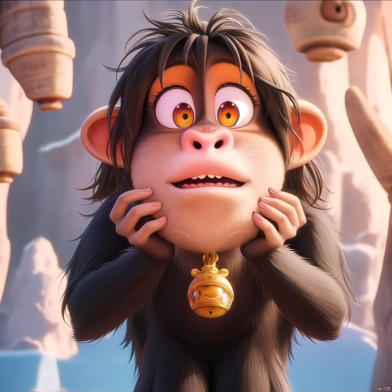 Monkey head, furry, cute, big eyes, surprised, depth of field, Disney style, animation