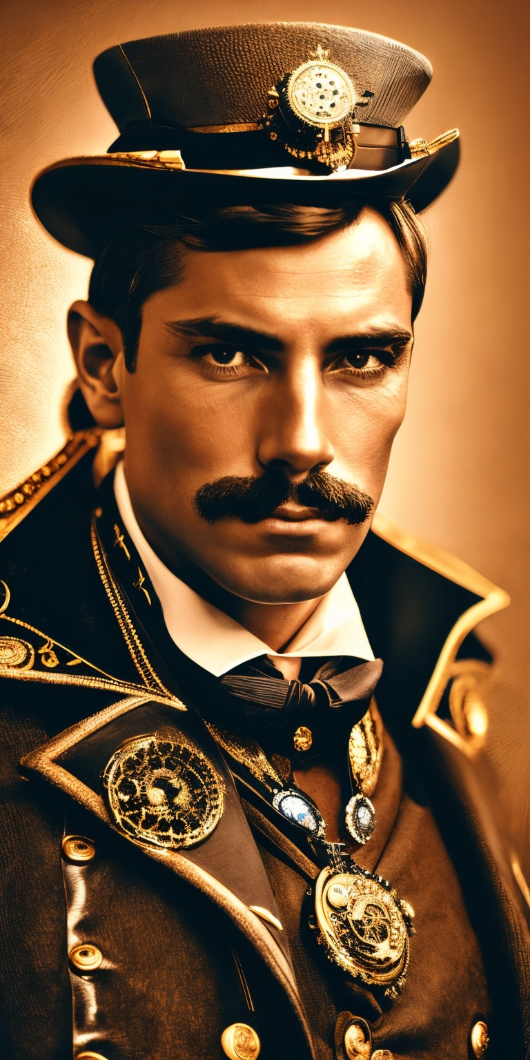 A male portrait with a weathered face and a monocle,  his captain's uniform adorned with intricate cogwork details. He hol...