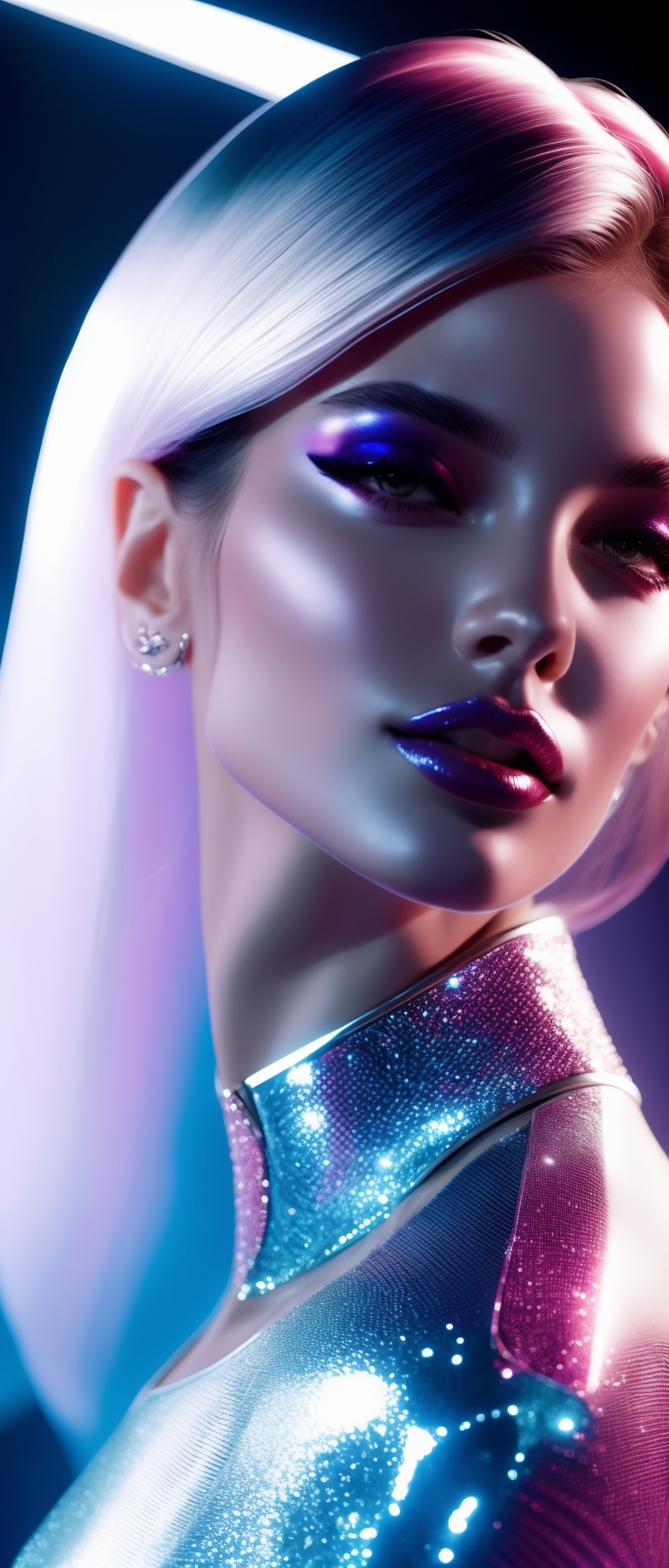 A model with sleek,  silver cybernetic implants that seamlessly blend with their high-fashion attire. Their expression is...