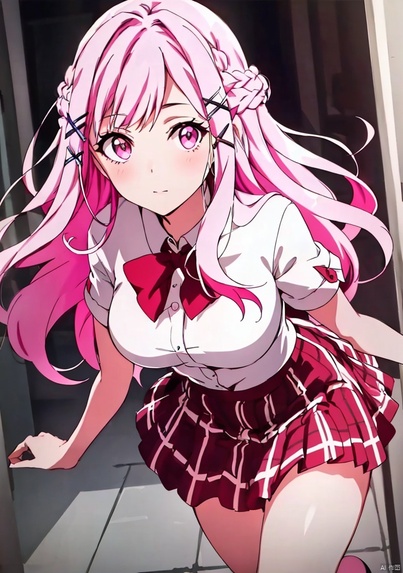 1girl, solo, long hair, looking at viewer, skirt, hair ornament, bow, school uniform, pink hair, braid, pink eyes, plaid, plaid skirt, x hair ornament