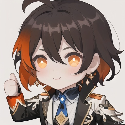 thumbs up, zhongli \(genshin impact\), 1boy, male focus, solo, gloves, earrings, jewelry, chibi, single earring, black gloves, brown hair, simple background, multicolored hair, tassel, bangs, tassel earrings, smile, hair between eyes, gradient hair, long sleeves, necktie, long hair, closed mouth, white background, black hair, upper body, jacket, orange eyes, antenna hair, white necktie, yellow eyes
