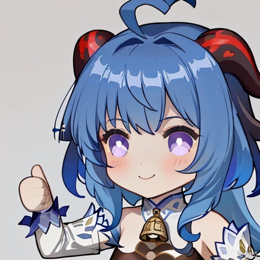  thumbs up, ganyu \(genshin impact\), 1girl, solo, horns, blue hair, bell, smile, ahoge, gloves, detached sleeves, neck bell, chibi, long hair, sidelocks, bangs, black gloves, upper body, white sleeves, purple eyes, looking at viewer, bare shoulders, simple background, bow, thumbs up