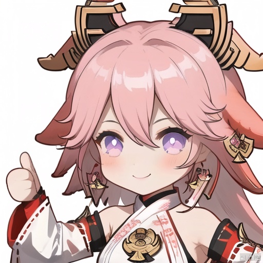 thumbs up, yae miko, 1girl, chibi, solo, long hair, purple eyes, smile, pink hair, detached sleeves, white background, japanese clothes, animal ears, simple background, hair between eyes, bangs, fox ears, wide sleeves, jewelry, nontraditional miko, looking at viewer, earrings, sidelocks, hair ornament, long sleeves, upper body, ribbon trim, breasts, ribbon-trimmed sleeves, bare shoulders