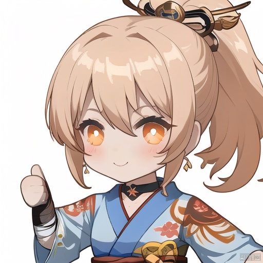 thumbs up, yoimiya \(genshin impact\), 1girl, solo, smile, japanese clothes, sarashi, tattoo, hair ornament, choker, white background, sidelocks, simple background, hadanugi dousa, hair between eyes, bangs, chibi, gloves, orange eyes, fingerless gloves, bandages, chest tattoo, light brown hair, kimono, looking at viewer, black gloves, shimenawa, bandaged arm, arm tattoo, long hair, ponytail, rope
