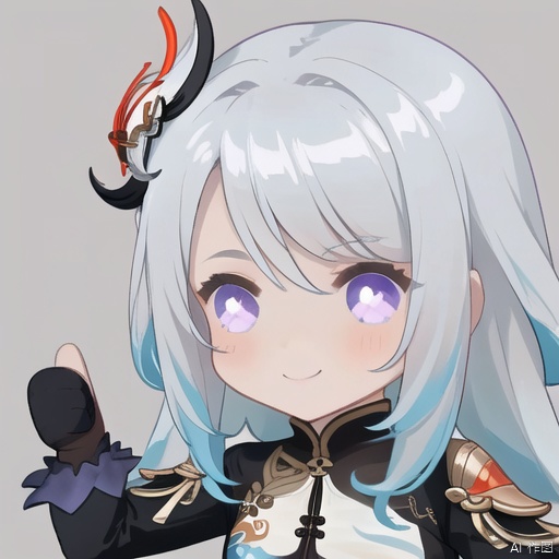 thumbs up, shenhe \(genshin impact\), 1girl, solo, smile, long hair, chibi, puffy long sleeves, simple background, grey background, bangs, grey hair, closed mouth, black gloves, gloves, puffy sleeves, long sleeves, looking at viewer, hair ornament, purple eyes, hand up, upper body, partially fingerless gloves, hair over one eye, very long hair, bodysuit, black bodysuit, blue hair, clothing cutout