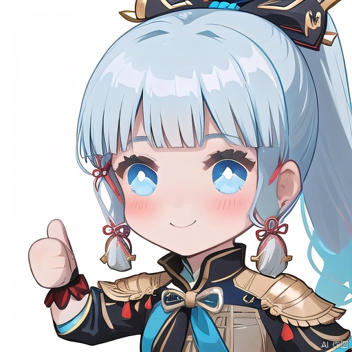  thumbs up, kamisato ayaka, 1girl, solo, smile, blunt bangs, bangs, chibi, simple background, white background, long hair, sidelocks, ponytail, hair ornament, armor, gloves, hair ribbon, blue eyes, tress ribbon, looking at viewer, ribbon, breastplate, black gloves, fingerless gloves, blue hair, hair tubes, blush, grey hair, thumbs up