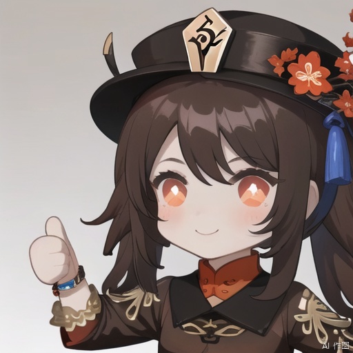  thumbs up, hu tao \(genshin impact\), 1girl, hat, solo, brown hair, smile, jewelry, flower, red eyes, chibi, long sleeves, twintails, long hair, ring, looking at viewer, black nails, symbol-shaped pupils, bangs, bracelet, hat flower, chinese clothes, simple background, sidelocks, gradient, hair between eyes, gradient background, multicolored hair, gradient hair, upper body, black headwear, coat, thumbs up