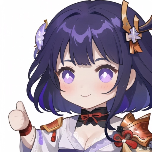 thumbs up, raiden shogun, 1girl, chibi, solo, purple eyes, hair ornament, purple hair, long hair, smile, bangs, simple background, white background, japanese clothes, blunt bangs, cleavage, armor, bridal gauntlets, shoulder armor, breasts, flower, kimono, sidelocks