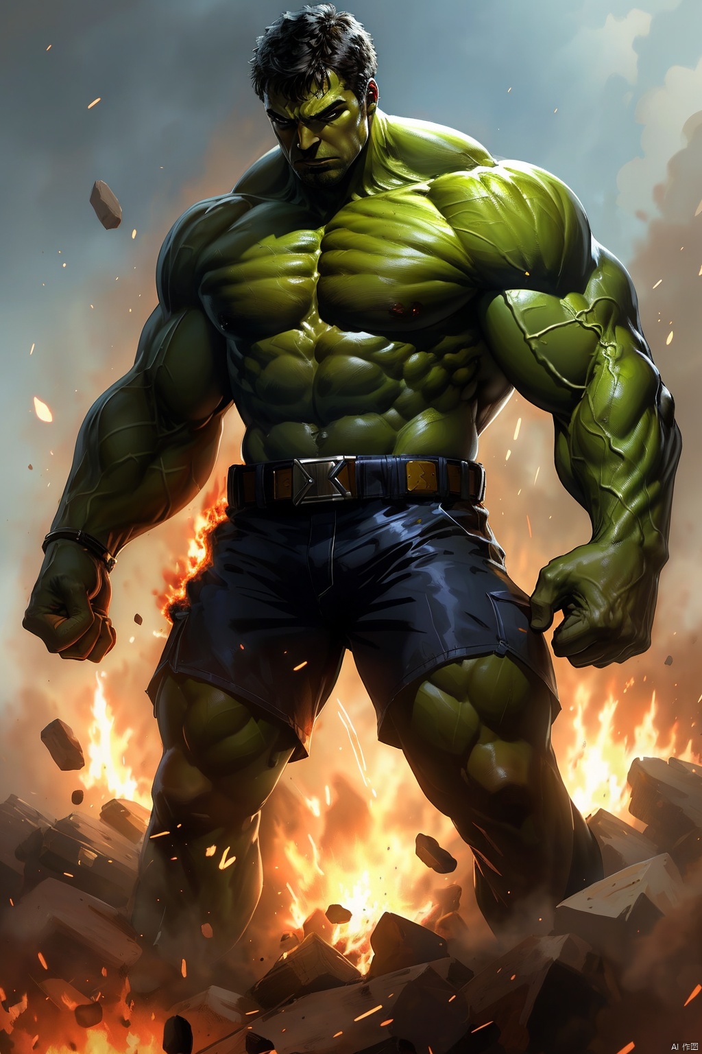 1boy,bald,belt,colored skin,explosion,fire,glowing,green skin,male focus,muscular,solo