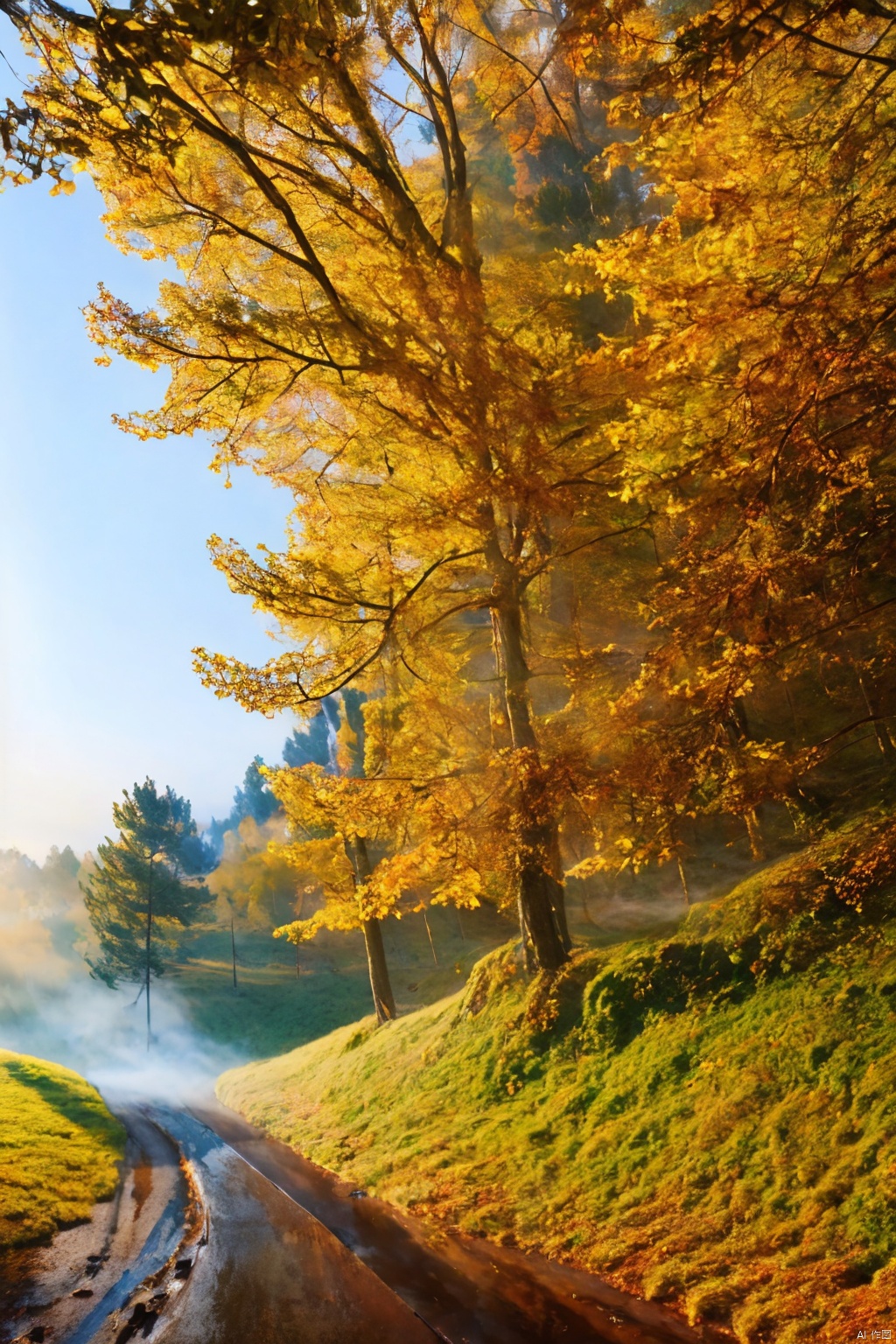  Forests, paths, tall trees, giant trees, morning mist, golden autumn