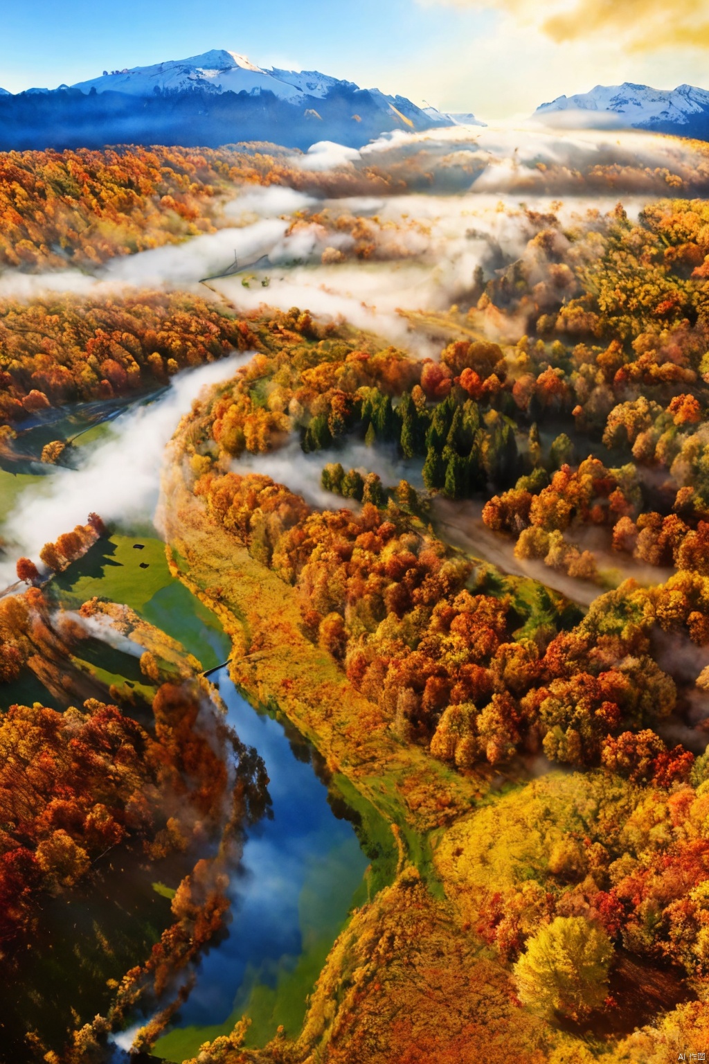  Forests, paths, tall trees, giant trees, morning mist, golden autumn