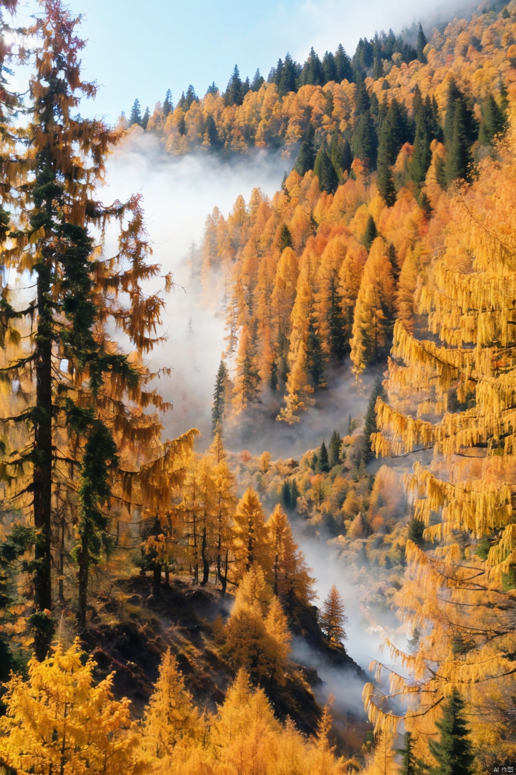  Forests, paths, tall trees, giant trees, morning mist, golden autumn, /scenery/