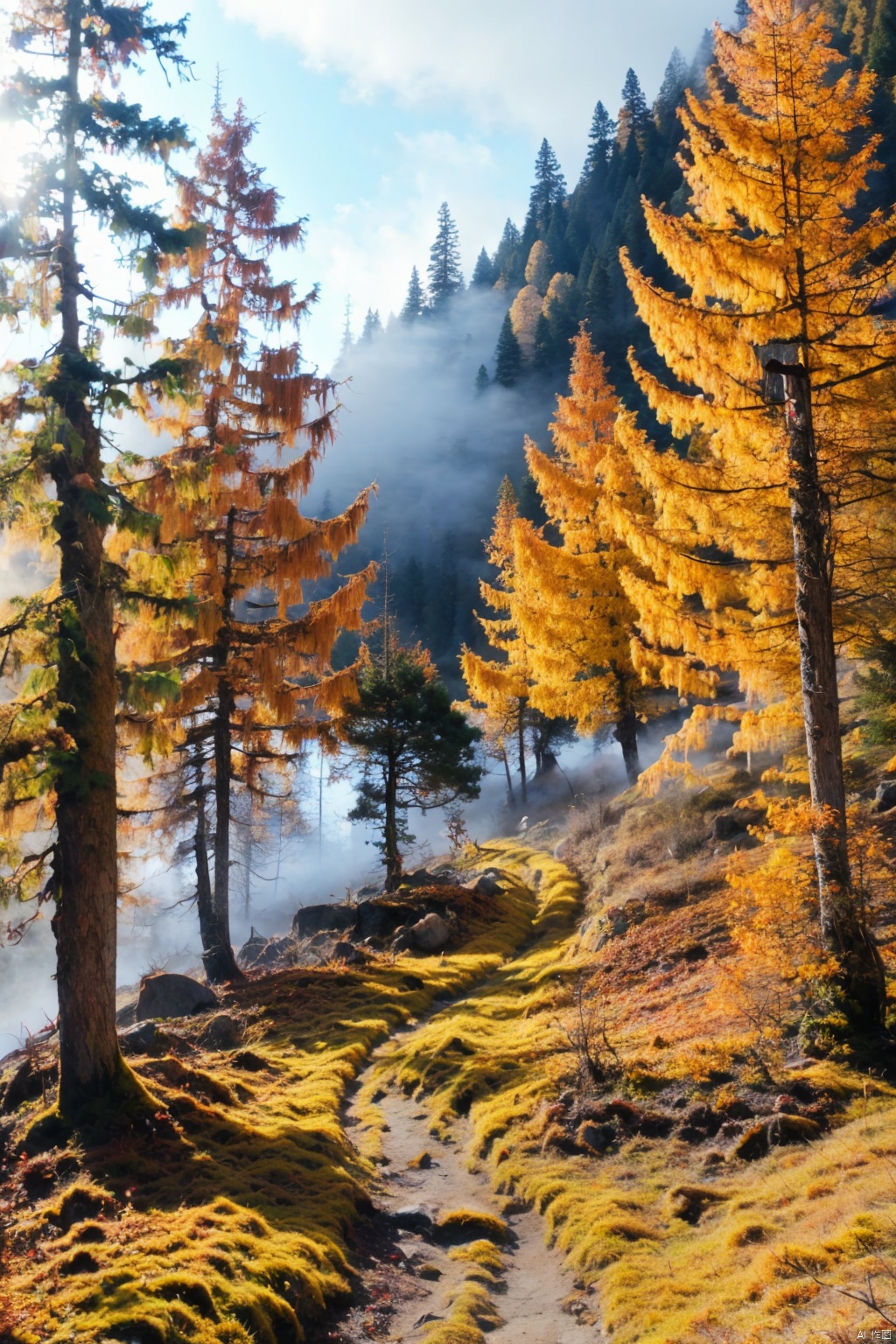  Forests, paths, tall trees, giant trees, morning mist, golden autumn, /scenery/