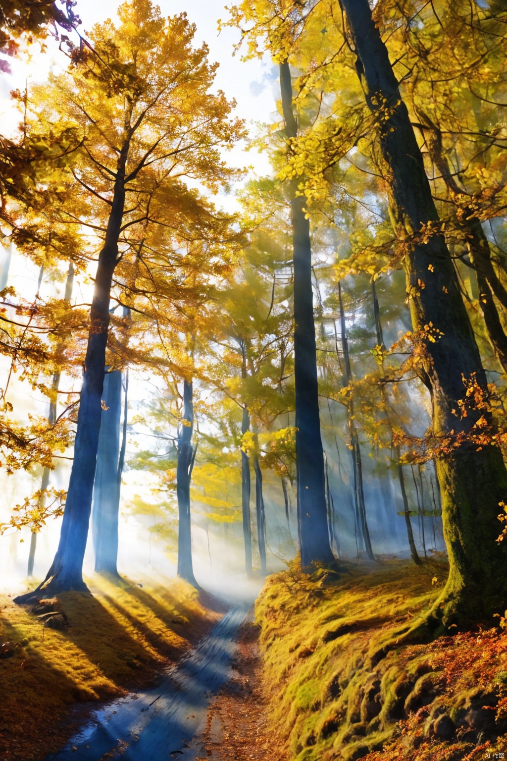  Forests, paths, tall trees, giant trees, morning mist, golden autumn
