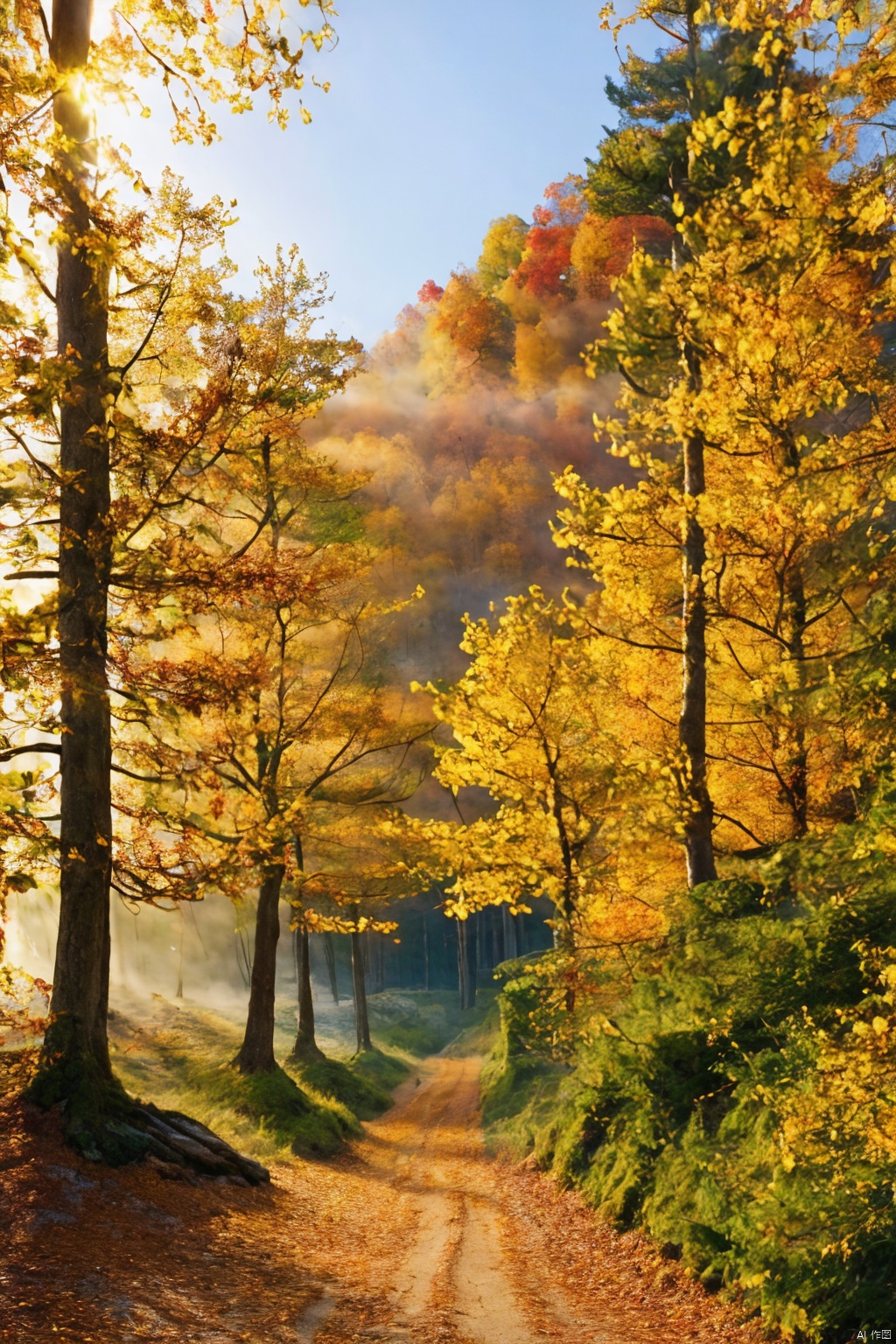  Forests, paths, tall trees, giant trees, morning mist, golden autumn