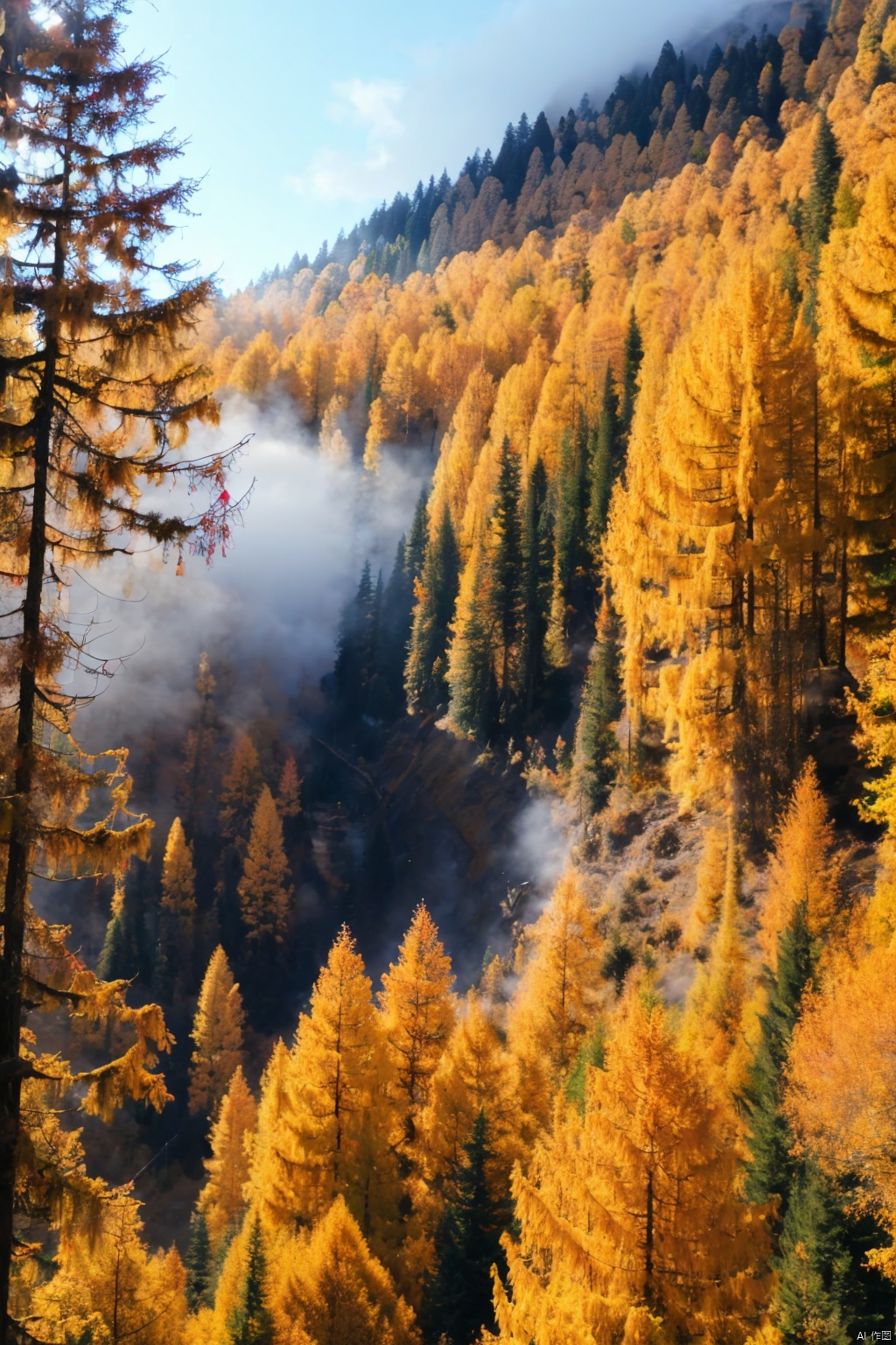 Forests, paths, tall trees, giant trees, morning mist, golden autumn