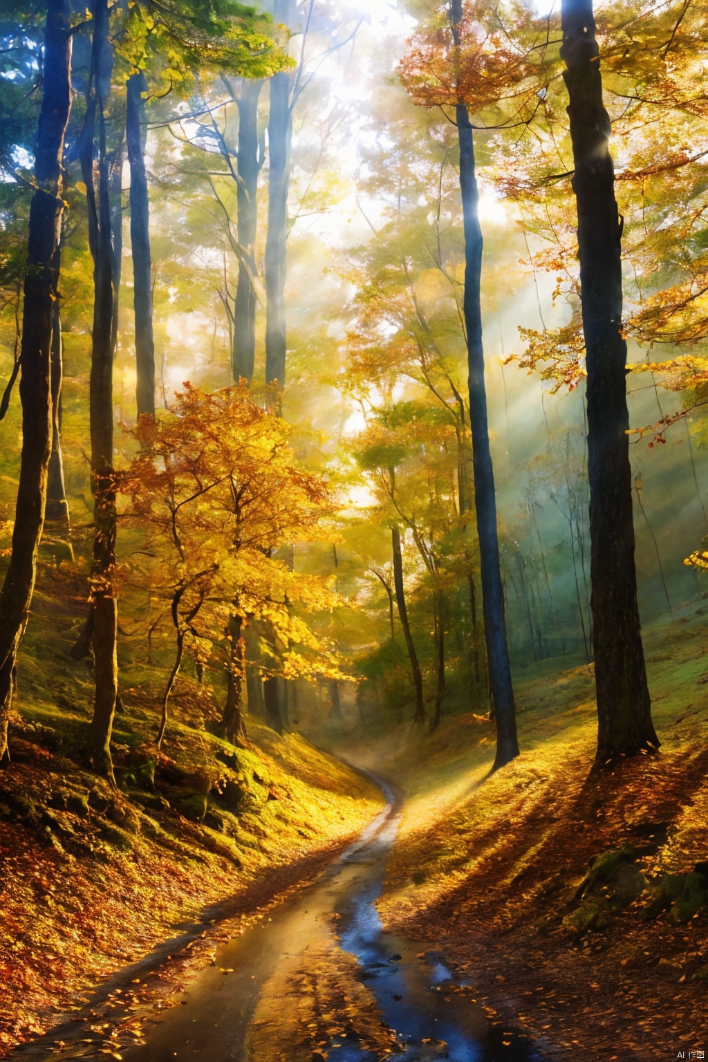 Forests, paths, tall trees, giant trees, morning mist, golden autumn