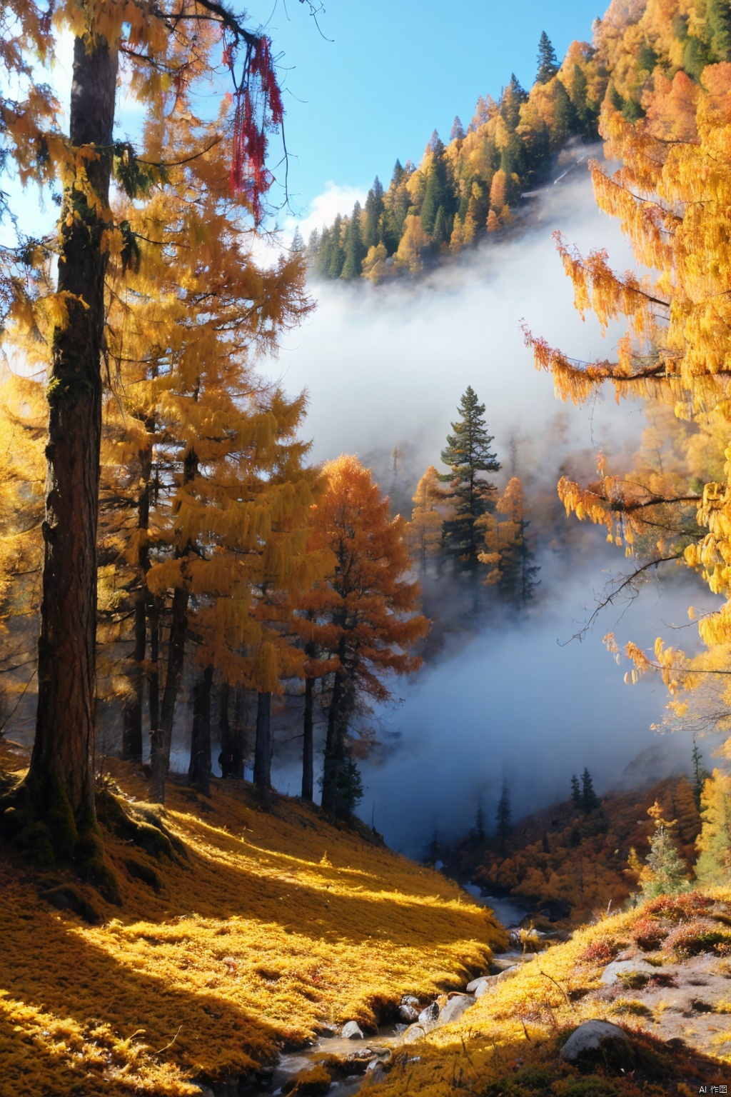 Forests, paths, tall trees, giant trees, morning mist, golden autumn