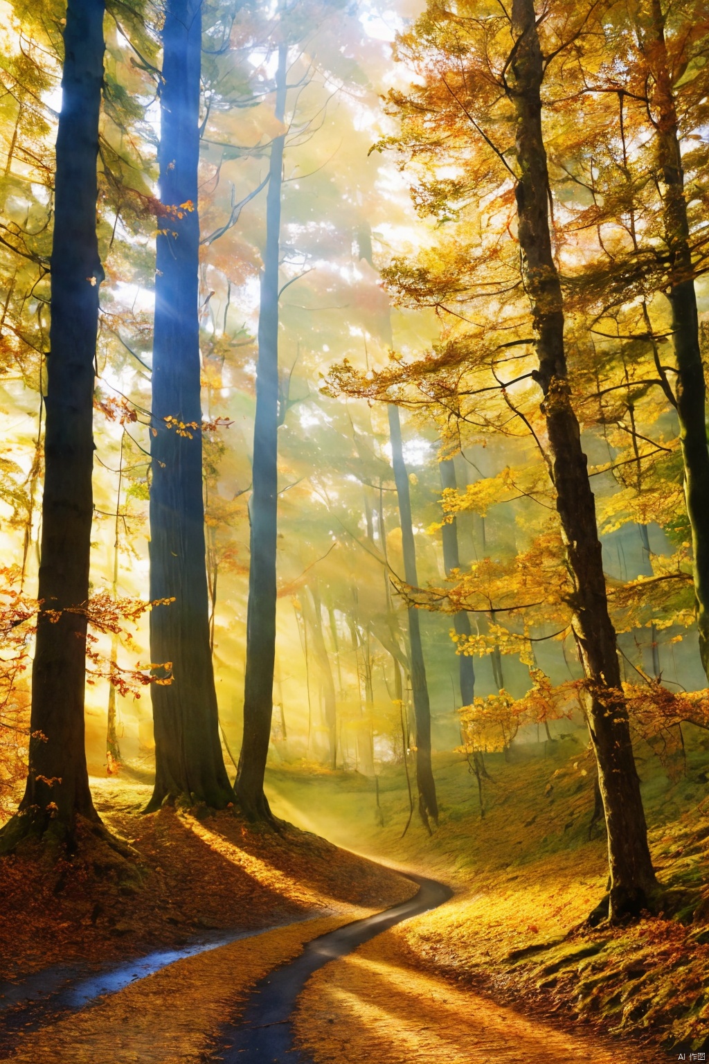 Forests, paths, tall trees, giant trees, morning mist, golden autumn
