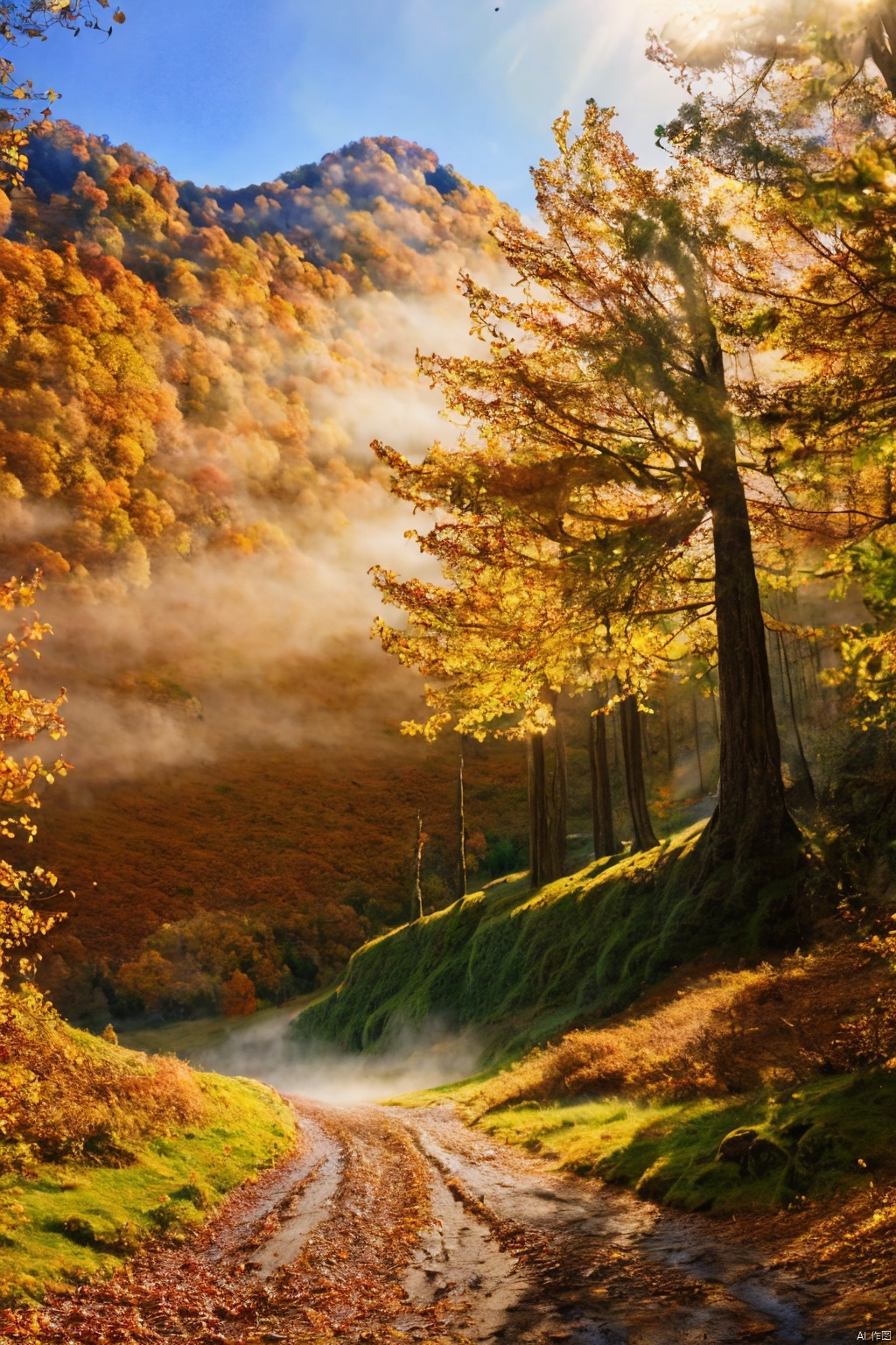  Forests, paths, tall trees, giant trees, morning mist, golden autumn