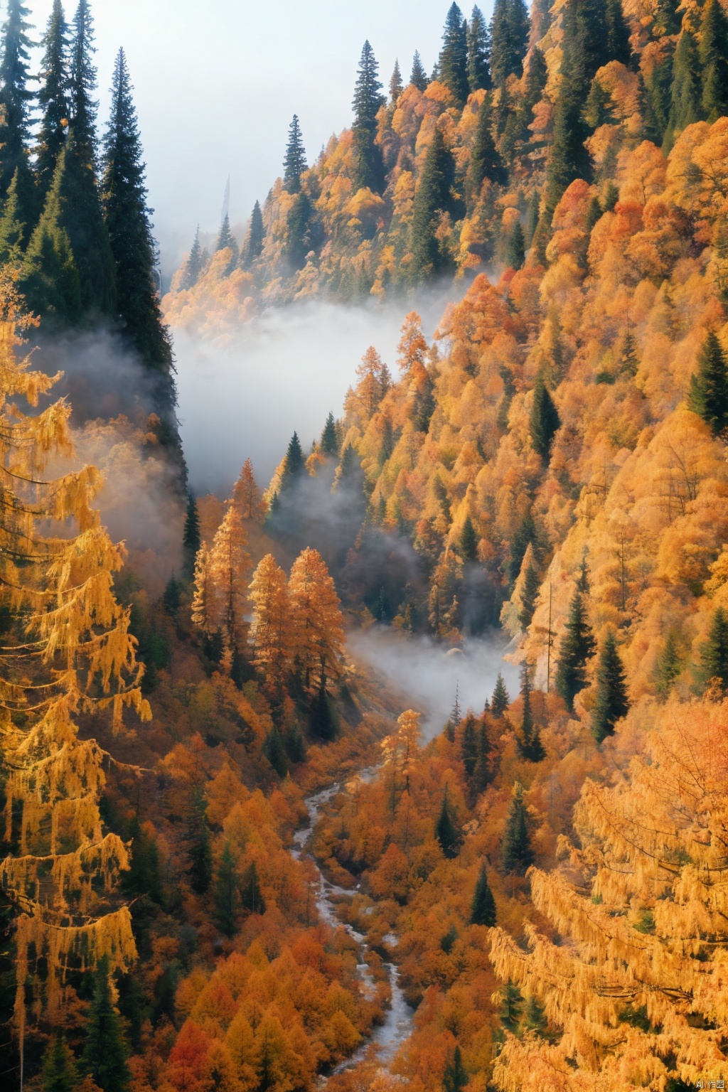  Forests, paths, tall trees, giant trees, morning mist, golden autumn