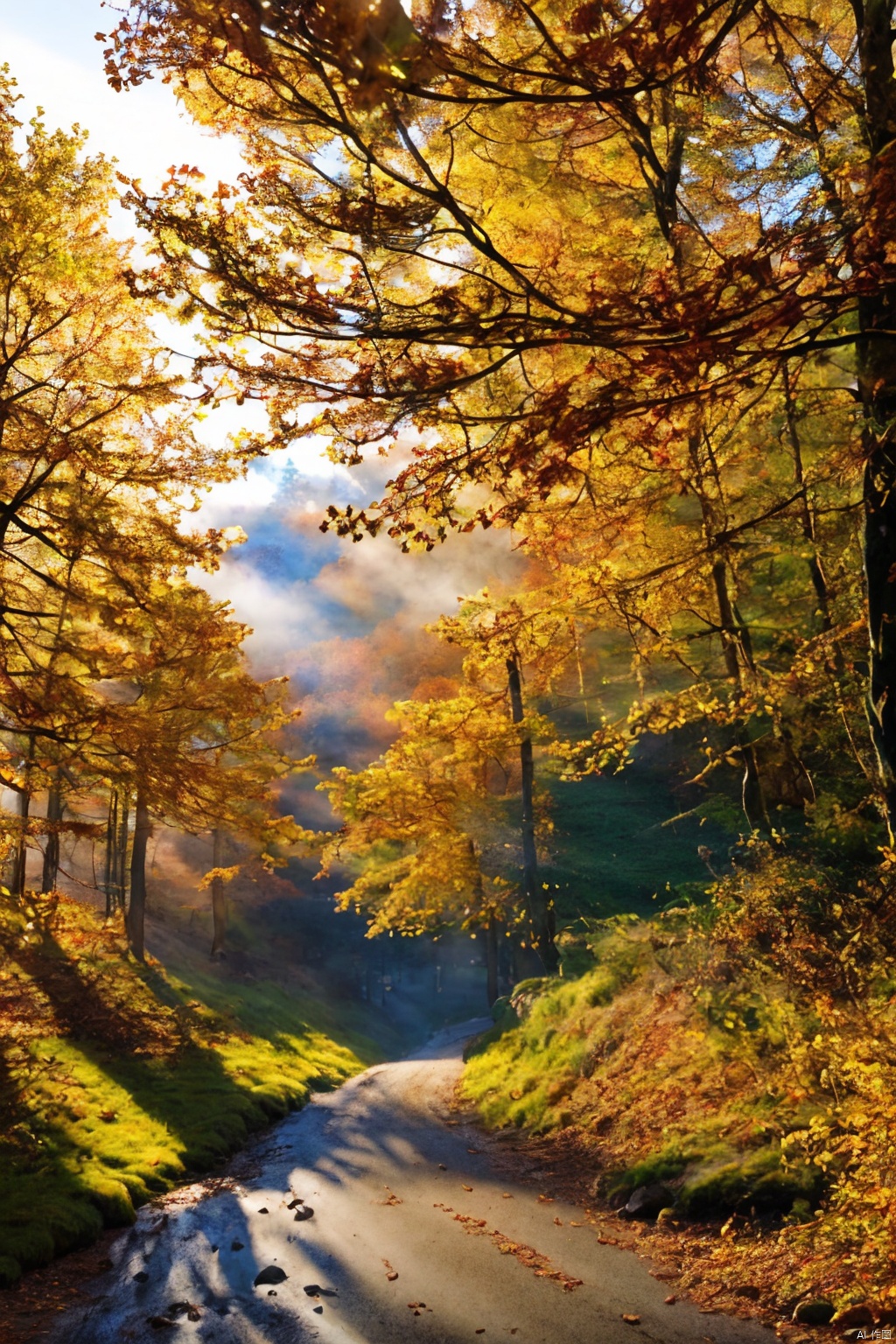  Forests, paths, tall trees, giant trees, morning mist, golden autumn