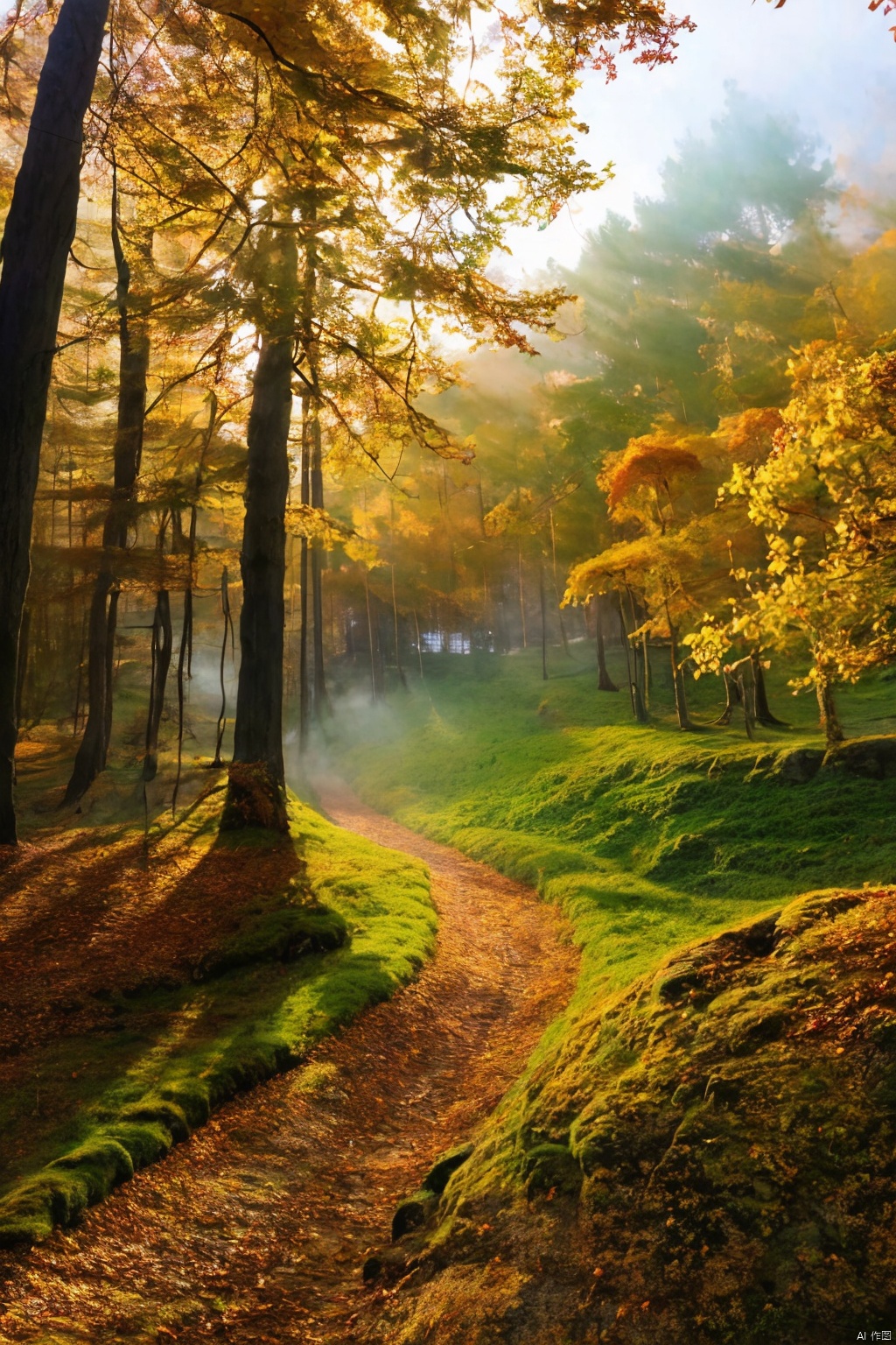  Forests, paths, tall trees, giant trees, morning mist, golden autumn