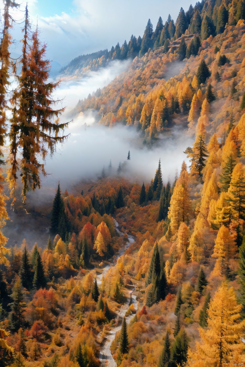  Forests, paths, tall trees, giant trees, morning mist, golden autumn