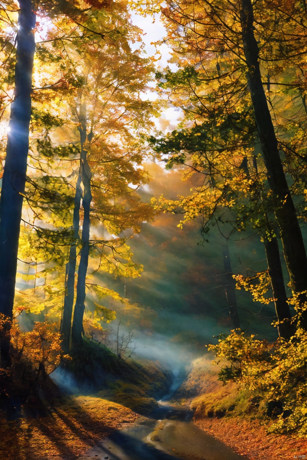  Forests, paths, tall trees, giant trees, morning mist, golden autumn