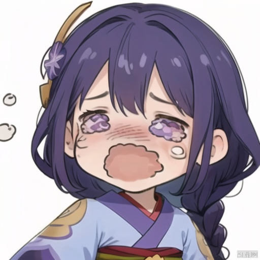 crying, 1girl, solo, raiden shogun, tears, japanese clothes, chibi, open mouth, white background, braid, long hair, sash, kimono, simple background, bangs, obi, hair ornament, wavy mouth, crying with eyes open, purple eyes, purple kimono, purple hair, sad