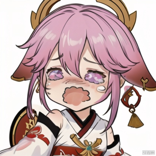 crying, 1girl, yae miko, pink hair, solo, purple eyes, chibi, open mouth, simple background, white background, animal ears, long hair, fox ears, tears, wavy mouth, japanese clothes, hair between eyes, bangs, nontraditional miko, wide sleeves, floppy ears, jewelry, hair ornament, crying with eyes open, earrings