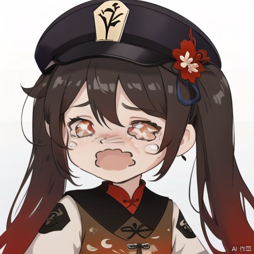 crying, hu tao \(genshin impact\), 1girl, hat, solo, brown hair, smile, jewelry, flower, red eyes, chibi, long sleeves, twintails, long hair, ring, looking at viewer, black nails, symbol-shaped pupils, bangs, bracelet, hat flower, chinese clothes, simple background, sidelocks, gradient, hair between eyes, gradient background, multicolored hair, gradient hair, upper body, black headwear, coat, 