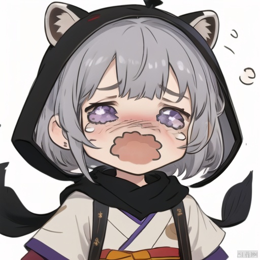 crying, 1girl, solo, hood, leaf on head, leaf, chibi, animal hood, animal ears, simple background, bangs, white background, raccoon ears, open mouth, japanese clothes, short hair, tears, fake animal ears, blunt bangs, wavy mouth, purple eyes, grey hair, upper body, black scarf, kimono, ninja, scarf, hood up, short sleeves