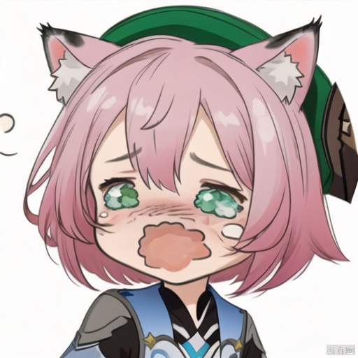 crying, 1girl, diona \(genshin impact\), solo, animal ears, pink hair, chibi, white background, cat ears, simple background, bangs pinned back, tears, animal ear fluff, hat, open mouth, wavy mouth, short hair, cat girl, green eyes, forehead, meme, upper body