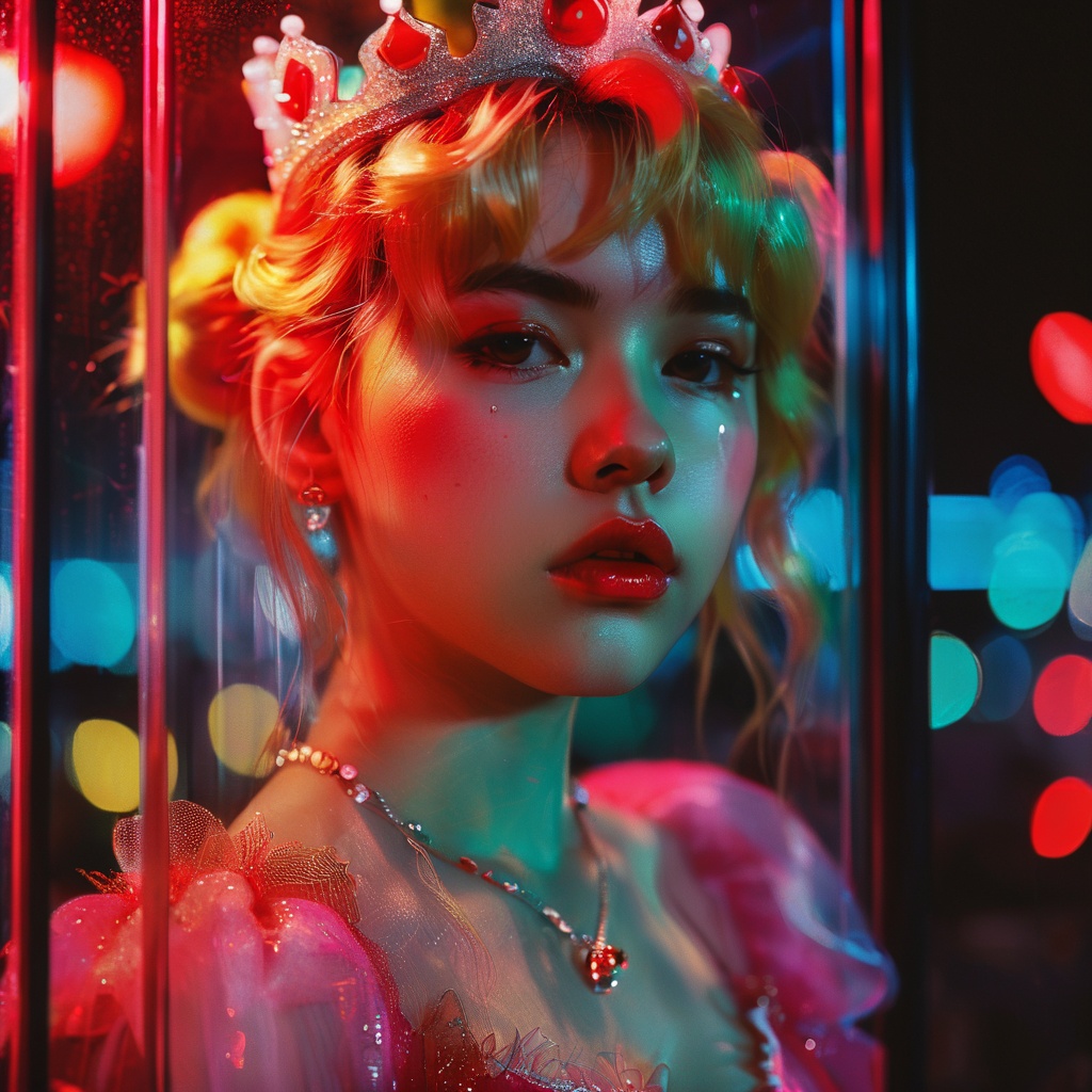 guaiguailuli girl, cinematic film still, cute princess peach standing behind a glass. Neon lights, possibly from a cityscape or urban setting, are superimposed on the image, casting a red hue and adding to the ambiance. The background is blurred but suggests an urban environment with reflections and lights. moody and atmospheric tone. The individual's face is partially obscured by what appears to be a smoky or misty effect. princess peach is sad, head slightly tilted. In Casey Baugh's evocative style, <lora:poaklggllgirl-000007:0.8>